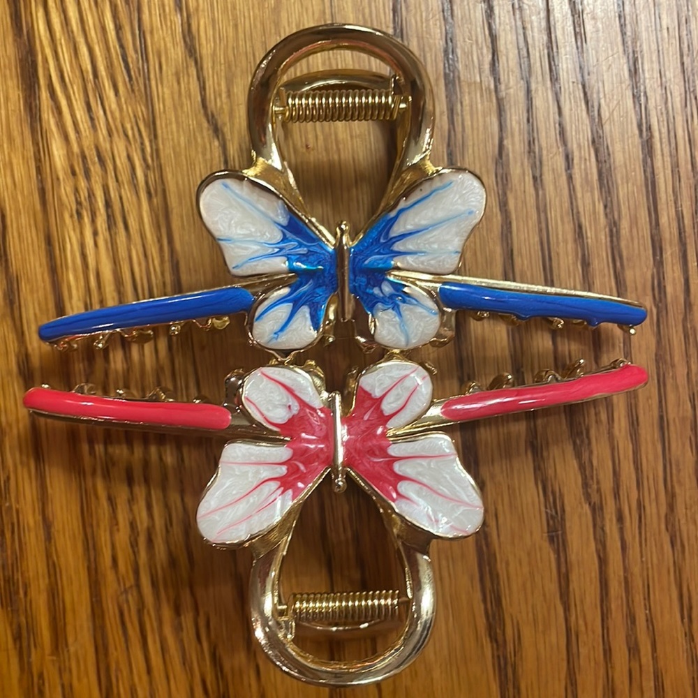 Gold Hardware Claw Clips 2-Pack Red and Blue Butterfly Design Hair Accessories